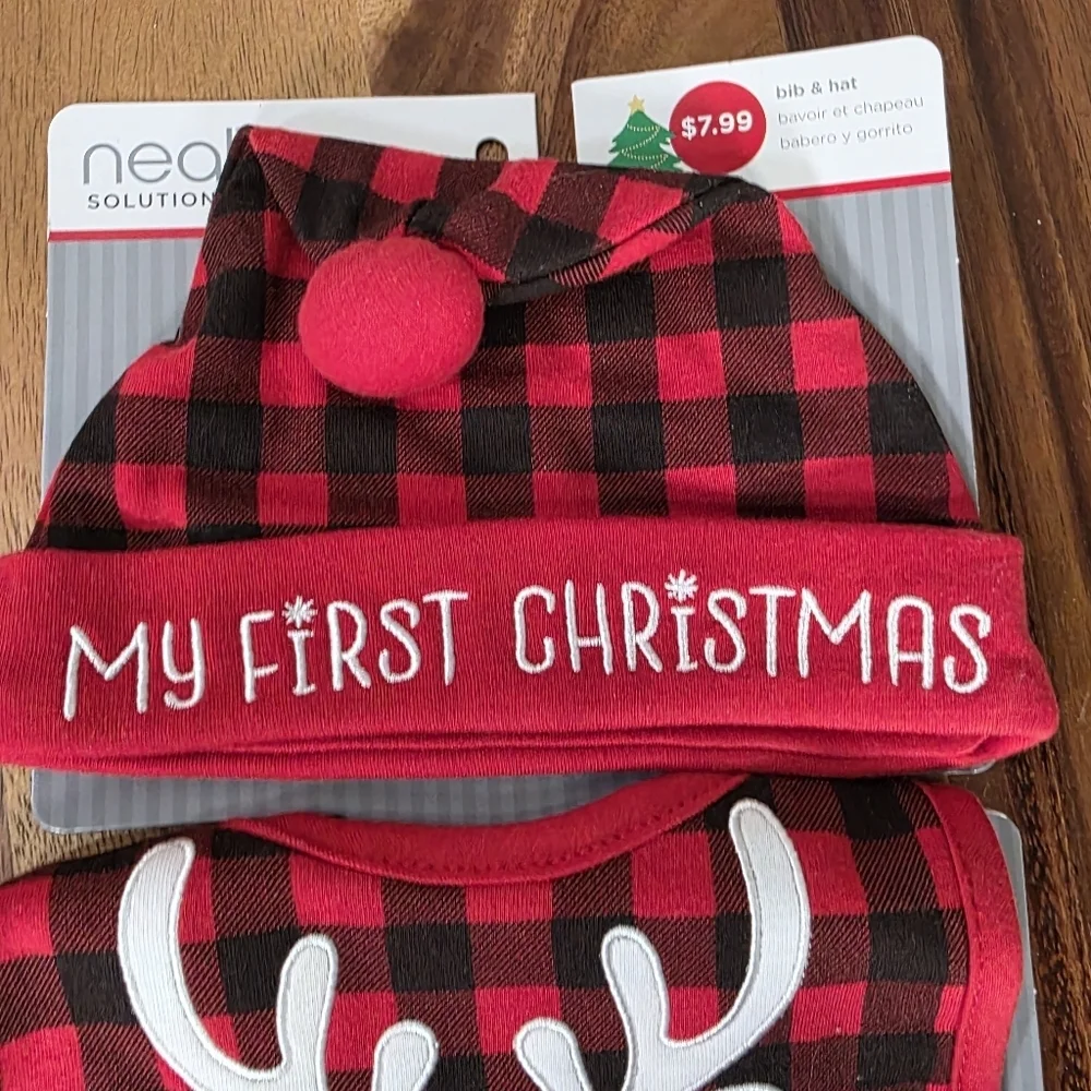 NEW Reindeer My First Christmas Bib and Hat Set Red Black Plaid